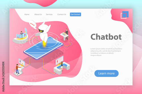 Flat isometric vector landing page template of chatbot, ai, artificial intelligence, customer support, markting strategy.