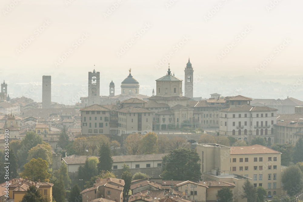 View of Bergamo Upper Town Citta Alta from Saint Vigilio hill. Italy