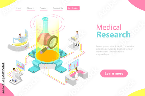 Isometric flat vector landing page template of medical research, science technology, medicine and chemical engineering.