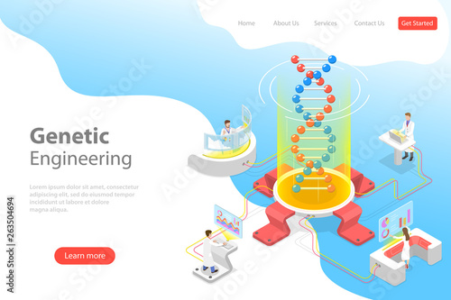 Isometric flat vector concept of genetic engineering, DNA structure changing, medical, biological and molecular research.