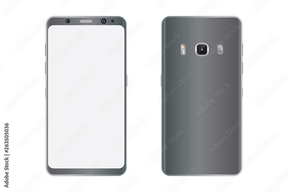Grey metallic color smartphone back and front view with grey screen. Metallic smartphone white screen front and back side, vector. Grey metallic color smartphone back and front view with grey screen. Metallic smartphone white screen front and back side, vector.