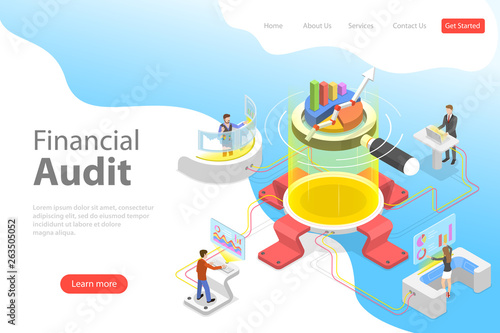 Flat isometric vector landing page template of financial audit service, tax examination report, planning and accounting.