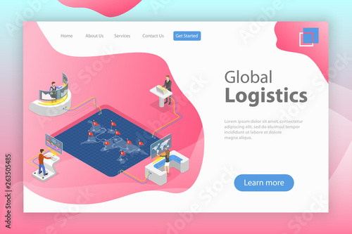 Flat isometric vector landing page template of global logistics, worldwide freight shipping, fast delivery.