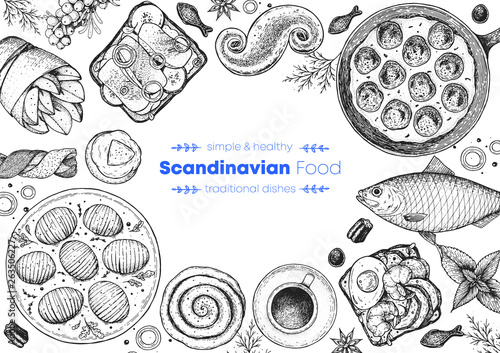 Scandinavian cuisine top view frame. Smorgasbord illustration. A set of Scandinavian dishes . Food menu design template. Vintage hand drawn sketch vector illustration. Engraved image