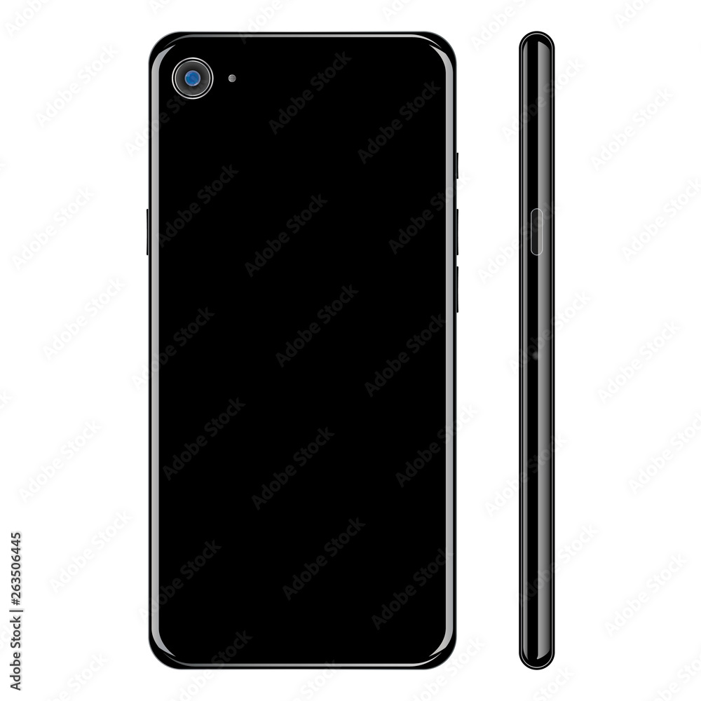 Black realistic glossy smartphone, back and side view on white background. Smartphone black color, back and side view, vector icon. Black realistic glossy smartphone, back and side view on white background. Smartphone black color, back and side view, vector icon.