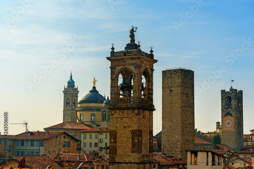 View of towers in Upper Town Citta Alta. Bergamo. Italy