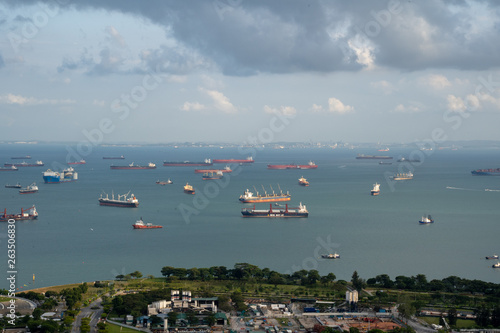 Photography Singapore anchorage area panorama opposite Gardens by the Bay with many ships on