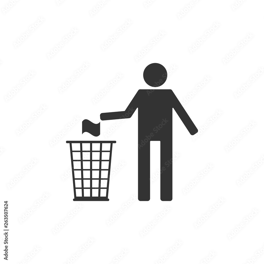 Man throwing trash into dust bin icon isolated. Recycle symbol. Flat design. Vector Illustration Man throwing trash into dust bin icon isolated. Recycle symbol. Flat design. Vector Illustration