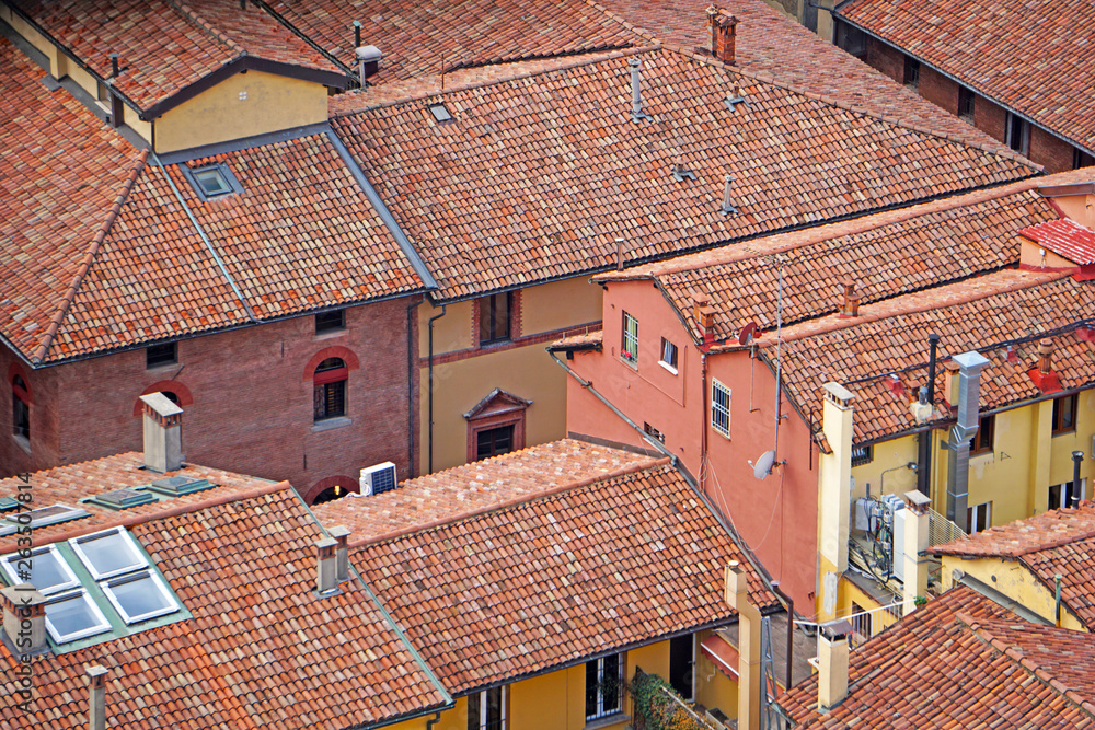 The roofs of Italian Bologna from the height of the tower