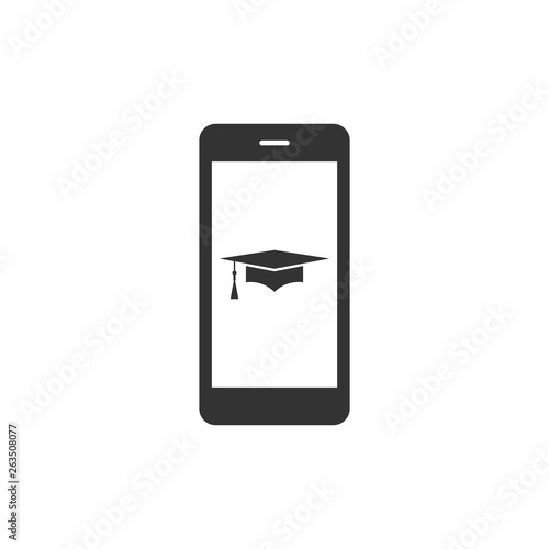 Graduation cap and smartphone icon. Online learning or e-learning concept icon isolated. Flat design. Vector Illustration
