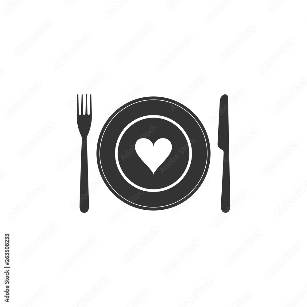 Heart on plate, fork and knife icon isolated. Happy Valentine s day. Flat design. Vector Illustration Heart on plate, fork and knife icon isolated. Happy Valentine s day. Flat design. Vector Illustration