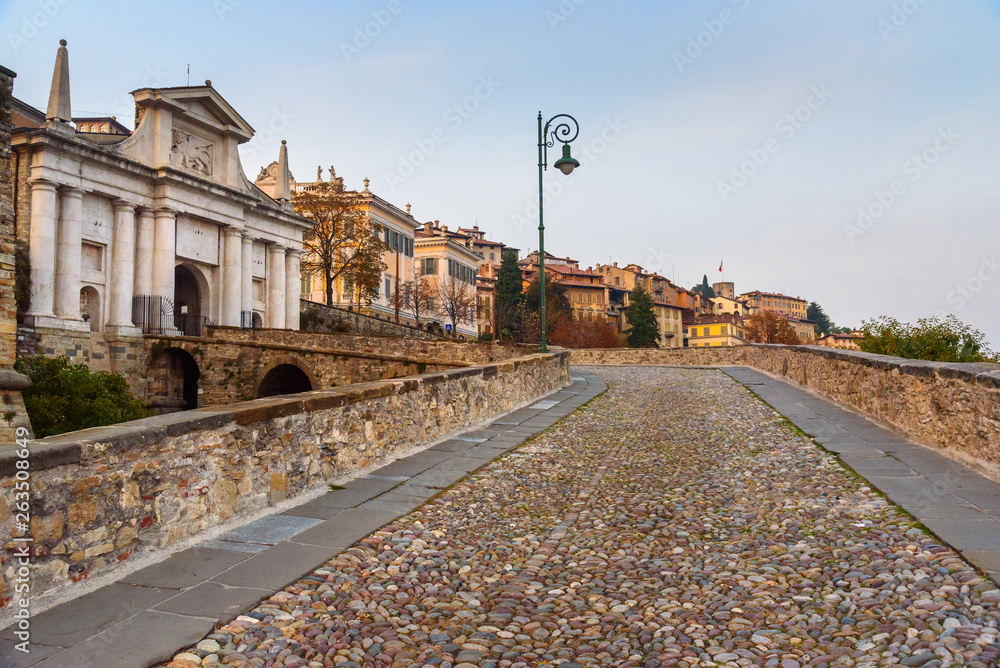Porta San Giacomo gate to Upper Town Citta Alta. Bergamo. Italy