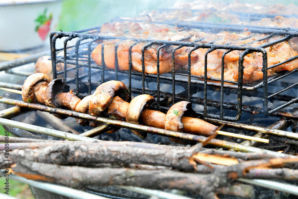 Mushrooms are grilled at a picnic.