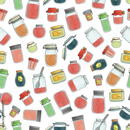 Vector seamless pattern of colored jam jars. Colorful vintage repeat background with preserved food in pots isolated on white background.  Watercolor effect.