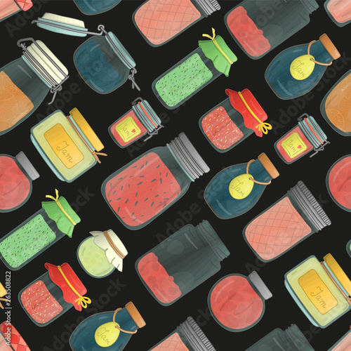 Vector seamless pattern of colored jam jars. Colorful vintage repeat background with preserved food in pots isolated on black background.  Watercolor effect.
