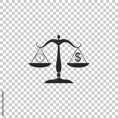 Scale weighing money and time icon isolated on transparent background. Scales with hours and a coin. Balance between work and the given time. Business concept. Flat design. Vector Illustration