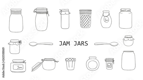 Vector set of black and white jam jars isolated on white background. Monochrome collection of preserved food in pots.