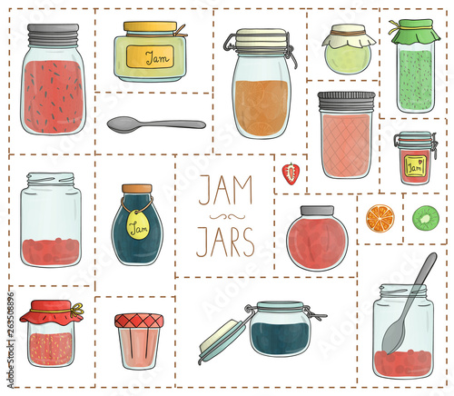Vector set of colored jam jars isolated on white background. Colorful collection of preserved food in pots