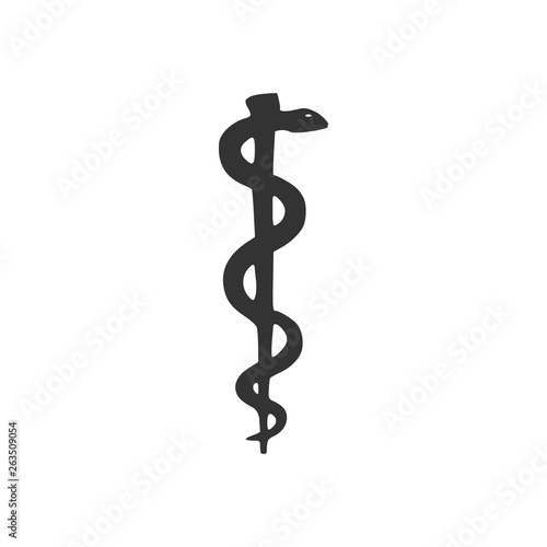Rod of asclepius snake coiled up silhouette icon. Medicine and health care concept. Emblem for drugstore or medicine, pharmacy snake symbol. Flat design. Vector Illustration photo