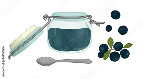Vector illustration of colored jar with blueberry jam. Blueberry, pot with marmalade, spoon isolated on white background. Watercolor effect.