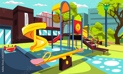 Playground at School Park for Children with Swing and Slides, Kids Toys, Swirling Fun Seesaw for Vector Outdoor Architecture Design Ideas