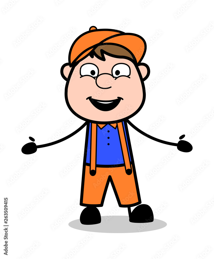 Opening Hands for Hug - Retro Cartoon Carpenter Worker Vector Illustration Opening Hands for Hug - Retro Cartoon Carpenter Worker Vector Illustration