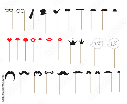 Vector set of photo booth props on sticks. Illustration of moustache, glasses, lips, heart, crown, pipe, speech bubble, hat, tie for holiday or party. Moustache season poster.