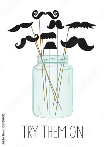 Vector illustration of moustache on stick in a glass jar. . Illustration for prostate cancer awareness event or masculine design. Moustache season poster. Photo booth props picture