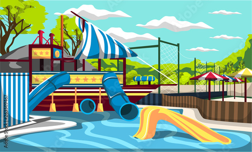 Waterpark Kiddie Pirate Ship Pool Splash Mountain with Tunnels and Slides for Cartoon Vector Outdoor Architecture Design Ideas