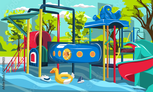 Dirty Waterpark Playground Splash Pool for Kids with Tunnels and Slides for Cartoon Vector Outdoor Architecture Design Ideas