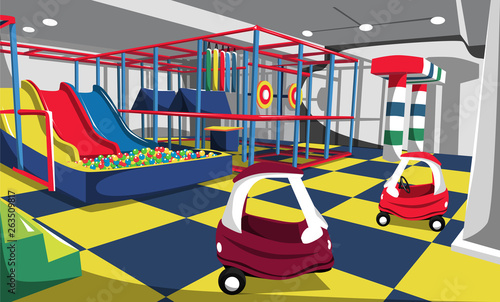 Kids Playground with Slides, Ball Pit, Toys Cars, Colorful Arena for Cartoon Vector Outdoor Architecture Design Ideas