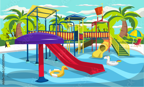 Clean Waterpark Resort for Kids and Family with Slides and Tunnels, Unicorn Swimming Ring Float Pool for Cartoon Architecture Design Ideas