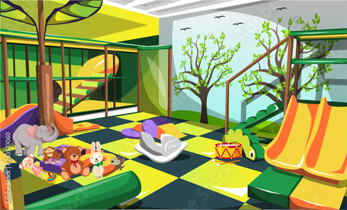 Clean Children Indoor Playground Fun for Kids with Animal Dolls, Slides and Stairs for Cartoon Architecture Design Ideas