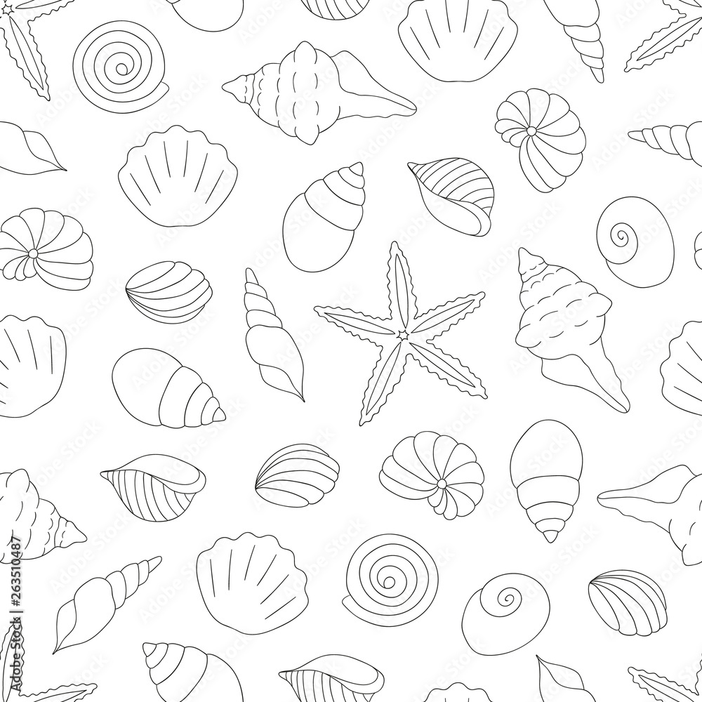 Vector black and white seamless pattern of sea shells. Monochrome repeating marine background. Underwater illustration.
