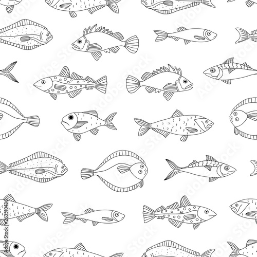 Fototapeta Naklejka Na Ścianę i Meble -  Vector black and white seamless pattern of sea fish. Monochrome repeating background with halibut, rock-fish, mackerel, herring, flatfish, sprat, grouper, cod. Underwater illustration.