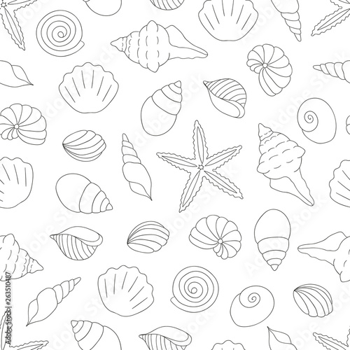 Vector black and white seamless pattern of sea shells. Monochrome repeating marine background. Underwater illustration.