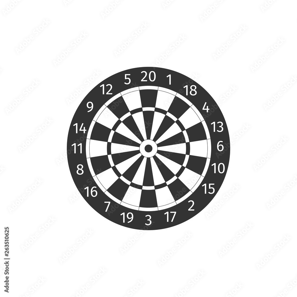 Classic darts board with twenty black and white sectors icon isolated. Dart board sign. Dartboard sign. Game concept. Flat design. Vector Illustration Classic darts board with twenty black and white sectors icon isolated. Dart board sign. Dartboard sign. Game concept. Flat design. Vector Illustration