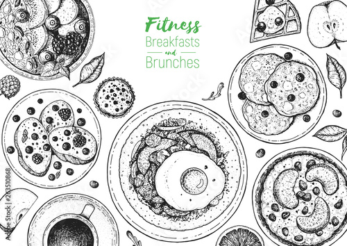 Breakfasts top view frame. Morning food menu design. Breakfast and brunches dishes collection. Vintage hand drawn sketch, vector illustration. Engraved style.