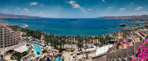 Panoramic view on the central beach of Eilat - famous tourist resort and recreational city in Israel