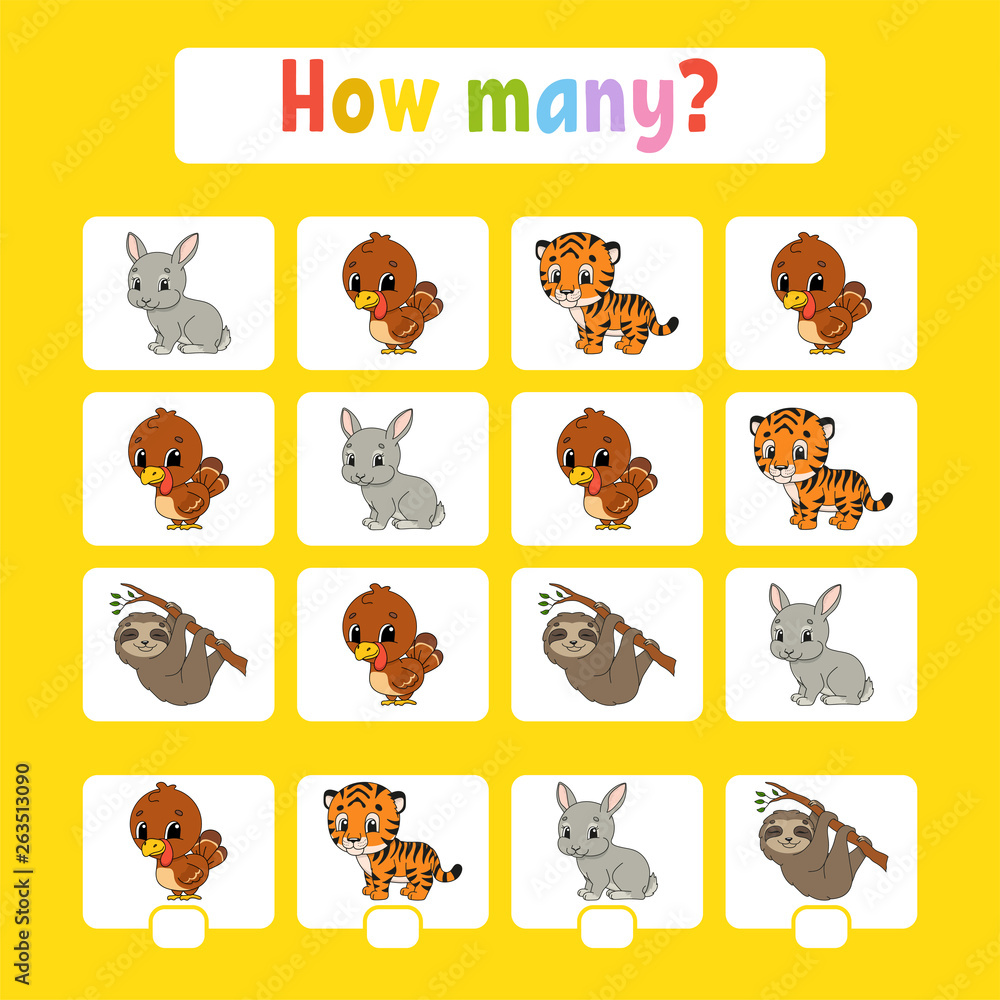 Counting game for children of preschool age. Learning mathematics. How many animals in the picture. With space for answers. Simple flat isolated vector illustration in cute cartoon style. Counting game for children of preschool age. Learning mathematics. How many animals in the picture. With space for answers. Simple flat isolated vector illustration in cute cartoon style.