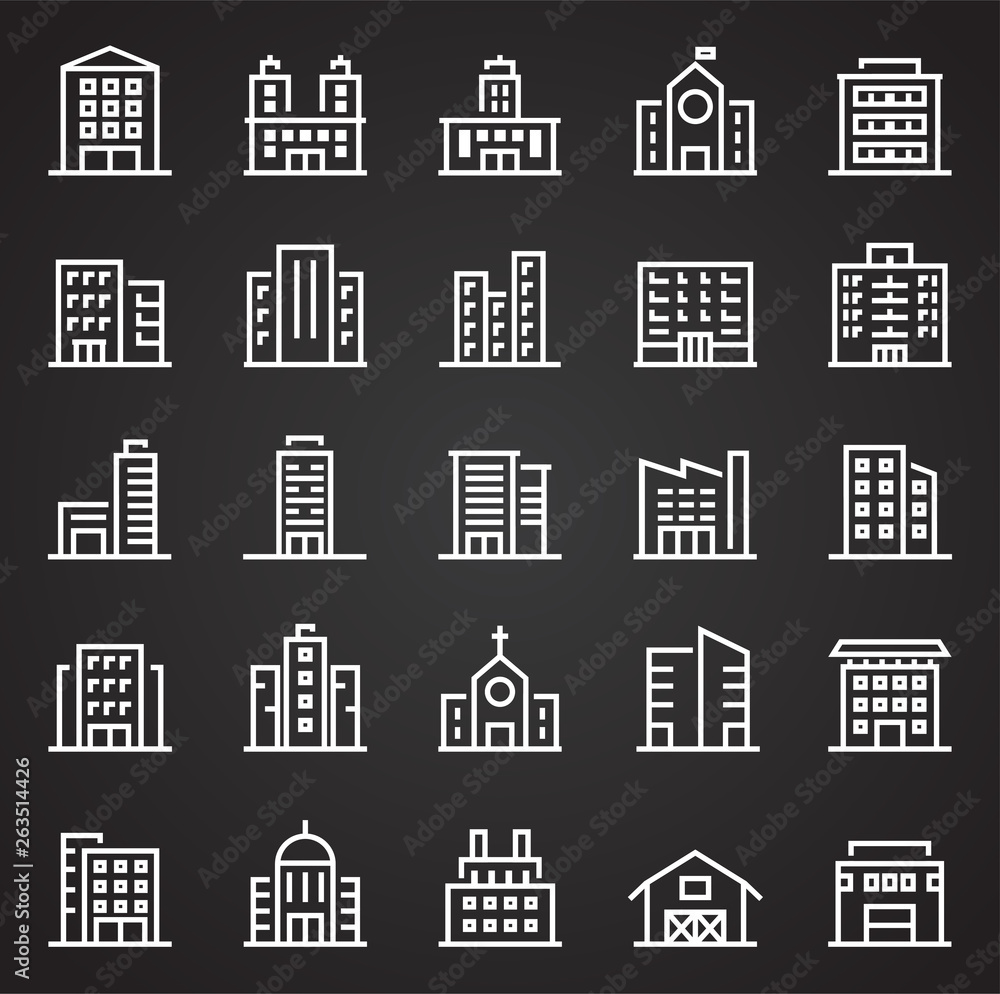 Building line icons set on black background for graphic and web design. Simple vector sign. Internet concept symbol for website button or mobile app.