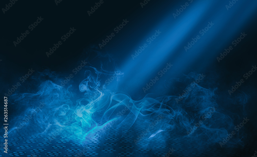 Empty background scene. Dark street reflection on the wet pavement. Rays of blue neon light in the dark, neon figures, smoke. Night view of the street, the city. Abstract dark background. Empty background scene. Dark street reflection on the wet pavement. Rays of blue neon light in the dark, neon figures, smoke. Night view of the street, the city. Abstract dark background.