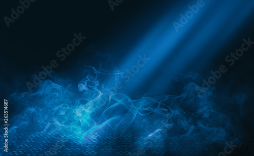 Empty background scene. Dark street reflection on the wet pavement. Rays of blue neon light in the dark, neon figures, smoke. Night view of the street, the city. Abstract dark background.