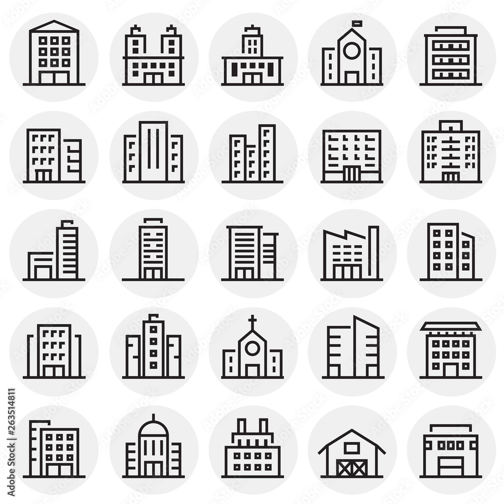 Building line icons set on circles background for graphic and web design. Simple vector sign. Internet concept symbol for website button or mobile app.