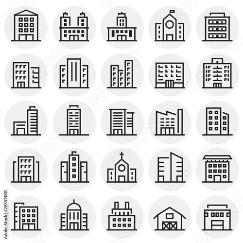 Building line icons set on circles background for graphic and web design. Simple vector sign. Internet concept symbol for website button or mobile app.