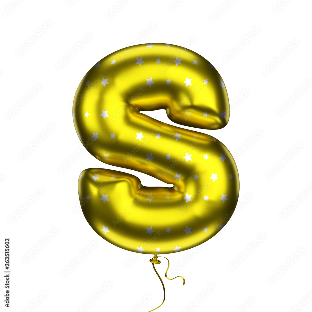 Obraz premium Yellow star elements textured letter S. Made of an inflatable balloon on a white background. Isolated, 3d rendering
