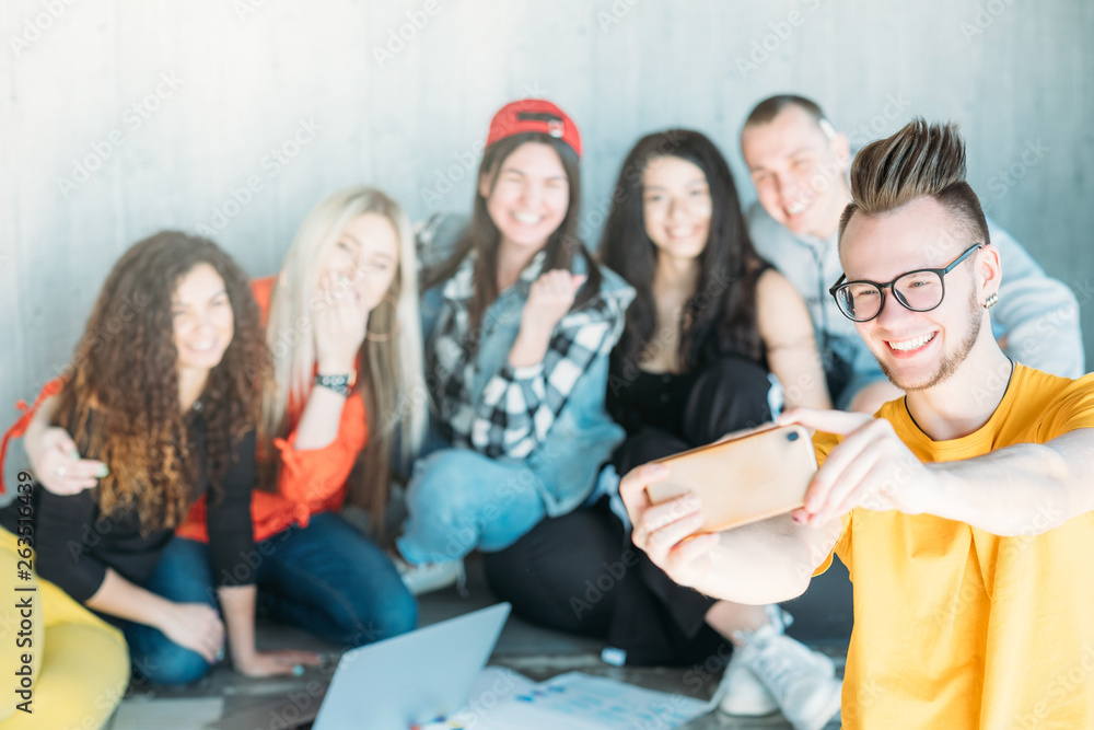 Community spirit. Comb over guy taking group selfie. Friends business colleagues posing smiling. Millennials leisure time. Community spirit. Comb over guy taking group selfie. Friends business colleagues posing smiling. Millennials leisure time.