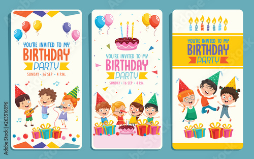 Vector Illustration Of Children Birthday Party Invitation Card Design