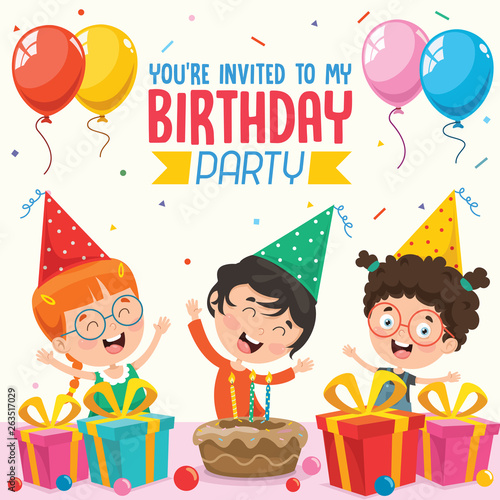 Vector Illustration Of Children Birthday Party Invitation Card Design