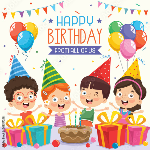 Vector Illustration Of Children Birthday Party Invitation Card Design